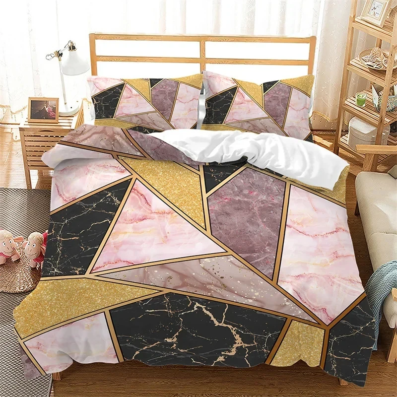 Marble Duvet Cover Marble Brick Wall Style King Queen Bedding Set Polyester Gold Bronzing Sequins Abstract Fluid Comforter Cover
