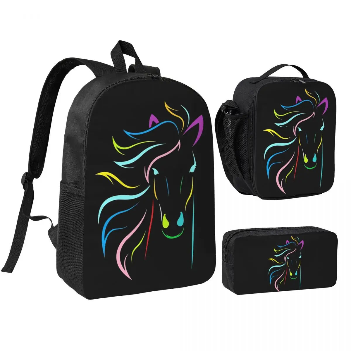 Magical Horse Backpack Boys Girls BookBag School Bag Shoulder Bags 3ps Insulated Lunch Bag Pencil Case