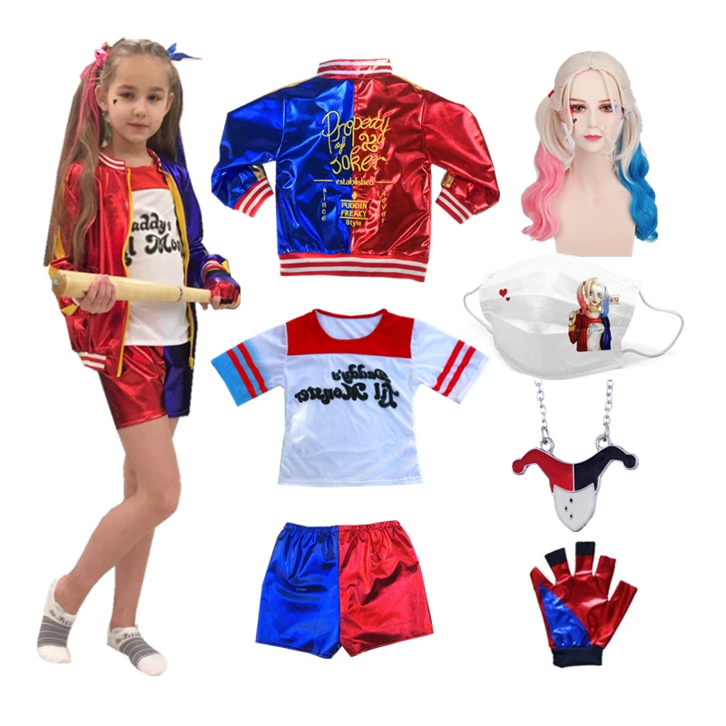 Kinder Mädchen Harley Cosplay Kostüme Quinn Stickerei Jacke Hosen Alle Sets Karneval Party Kleid