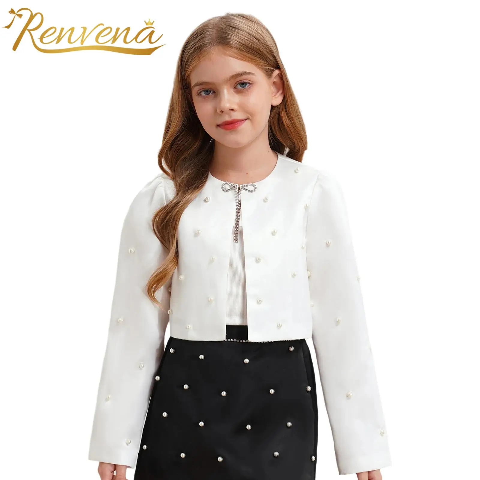 

Flower Girl Bolero Long Sleeve Satin Coats Faux Pearls Short Jacket Children Shrug Outerwear for Wedding Accessories Party Wrap