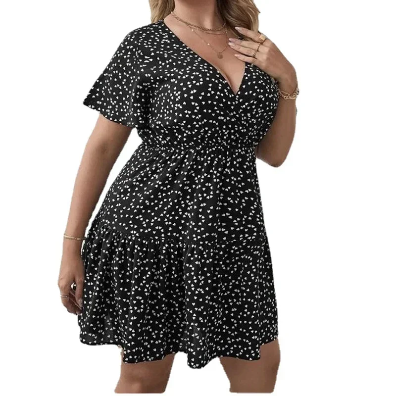 Sexy Deep V-Neck Mini Dresses For Women Summer Plus Size Print Ruffle Short Sleeve Boho Vestido Feminino A-Line Elegant Dress