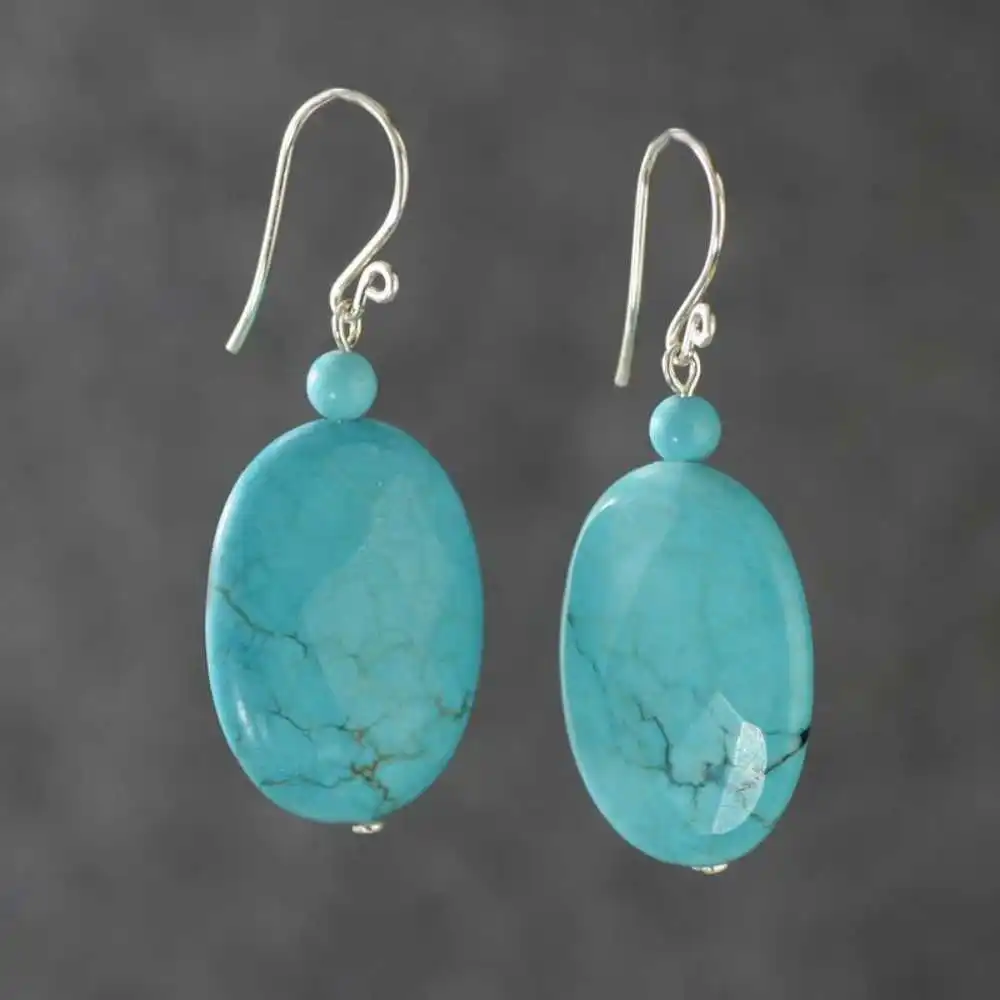 Natural turquoise earrings Oval turquoise sheet pendant Crystal Earbob Women  Party Meisje Dangling