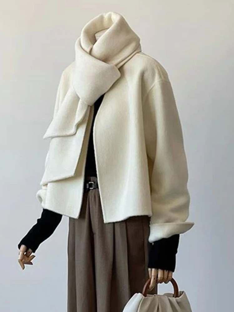 BZVW Scarf Collar Short Double Sided Cashmere Coat Womne\'s 2024 Autumn New Single Button Solid Color Minimalism Coats 25A9121