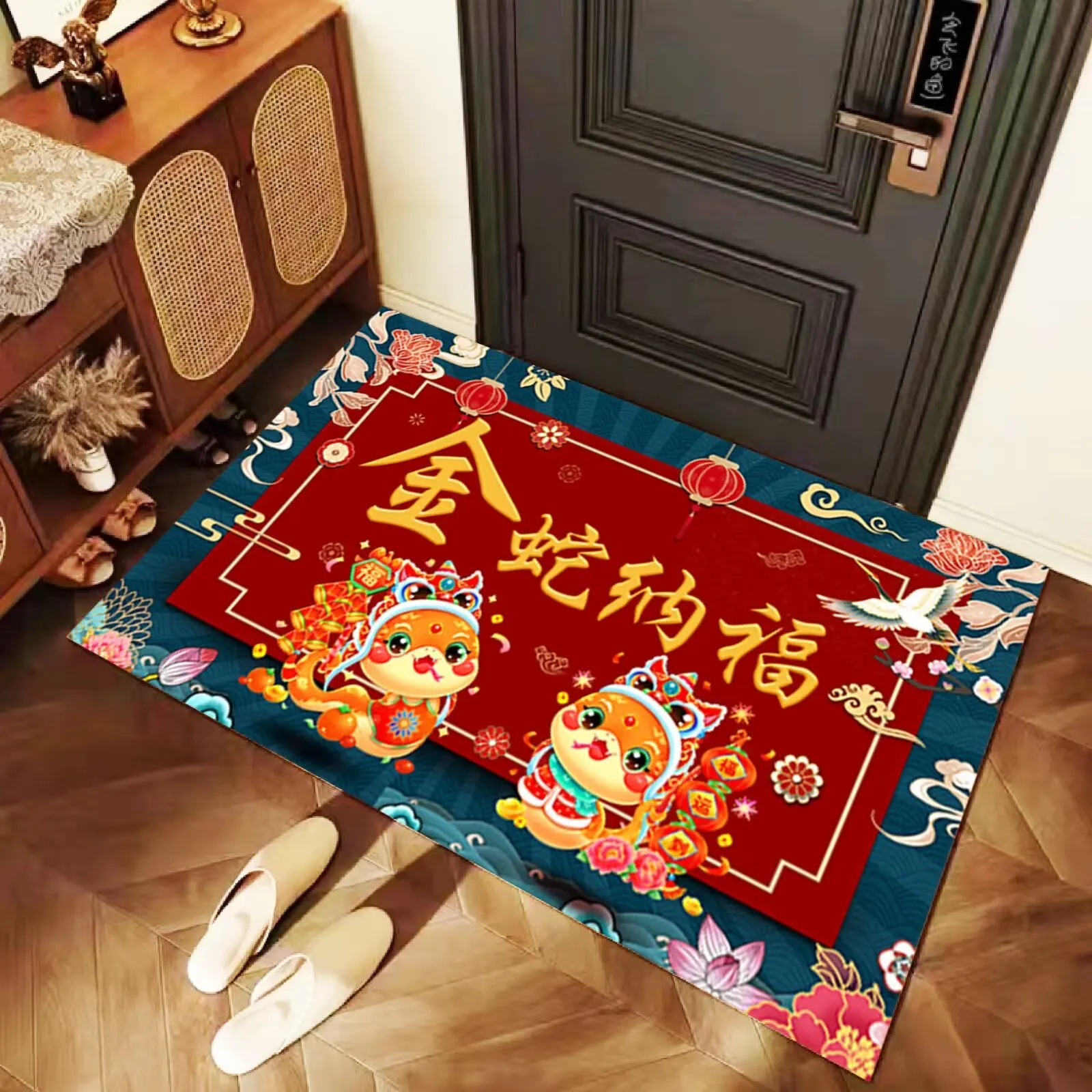 VIKAMA Year Of The Snake Red Door Easy To Take Care Of Dirt Anti-Slip Mat New Year Festive Crystal Velvet Mat Home Decoration