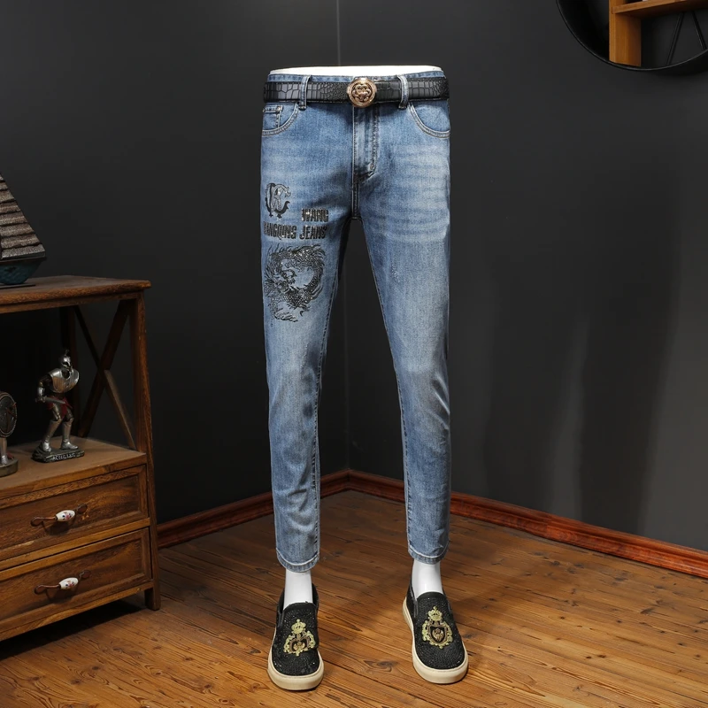 

Blue High-Temperature Printing Pattern Nine-Tenths Thin Denim Jeans Men's Summer New Arrival Breathable Casual Slim Fit Jeans