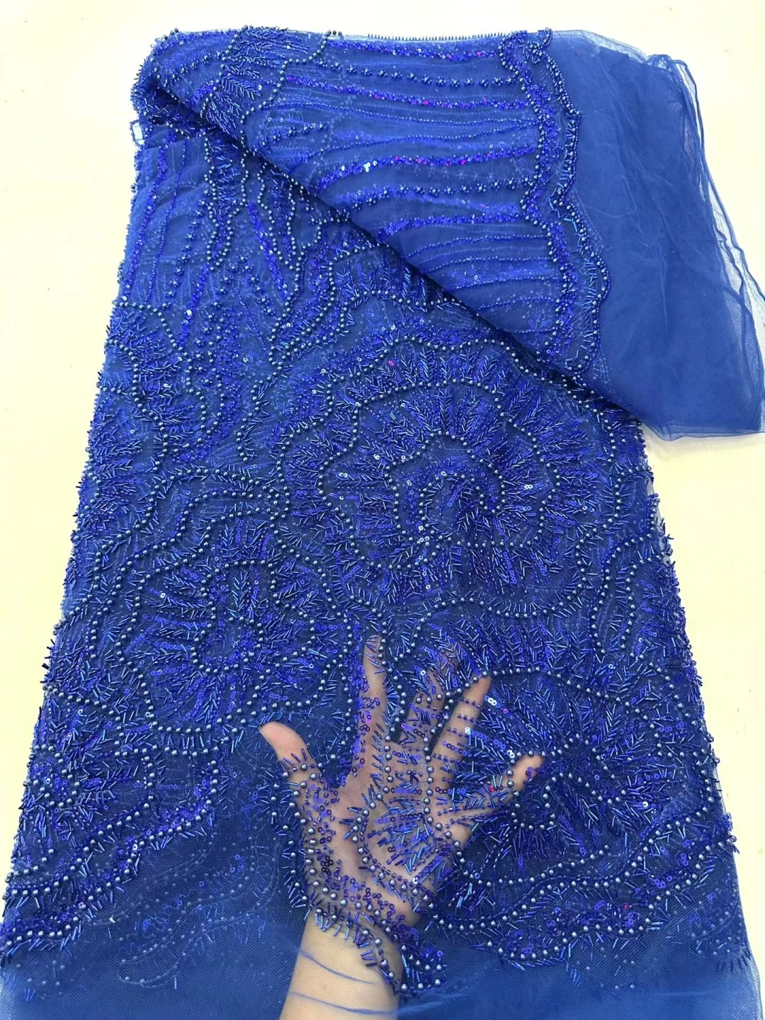 5 YardsAfrican Brown Beaded Sequins Lace Fabrics Royal Blue Beads Tulle Lace Fabric Embroidered Lace Fabrics for Sewing view 6