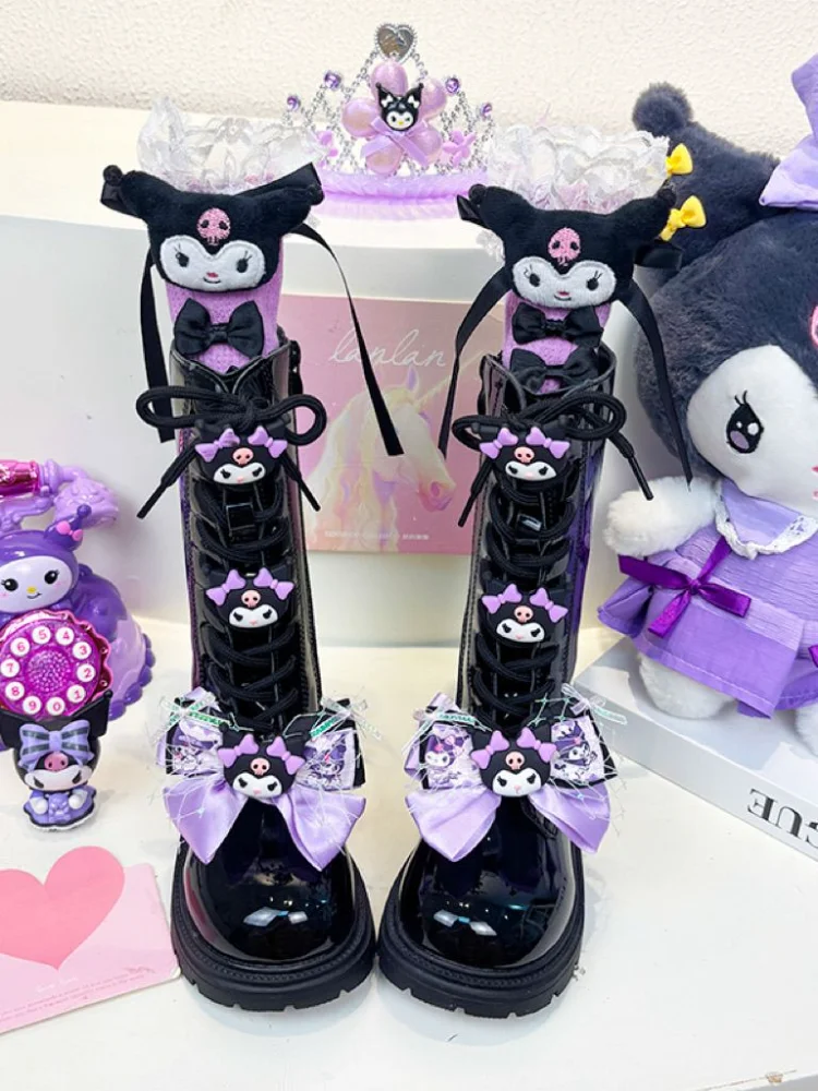 新しいサンリオファッション漫画子供靴かわいいクロミ女の子ロングレザーブーツソフトソール冬子供プラスベルベット綿靴