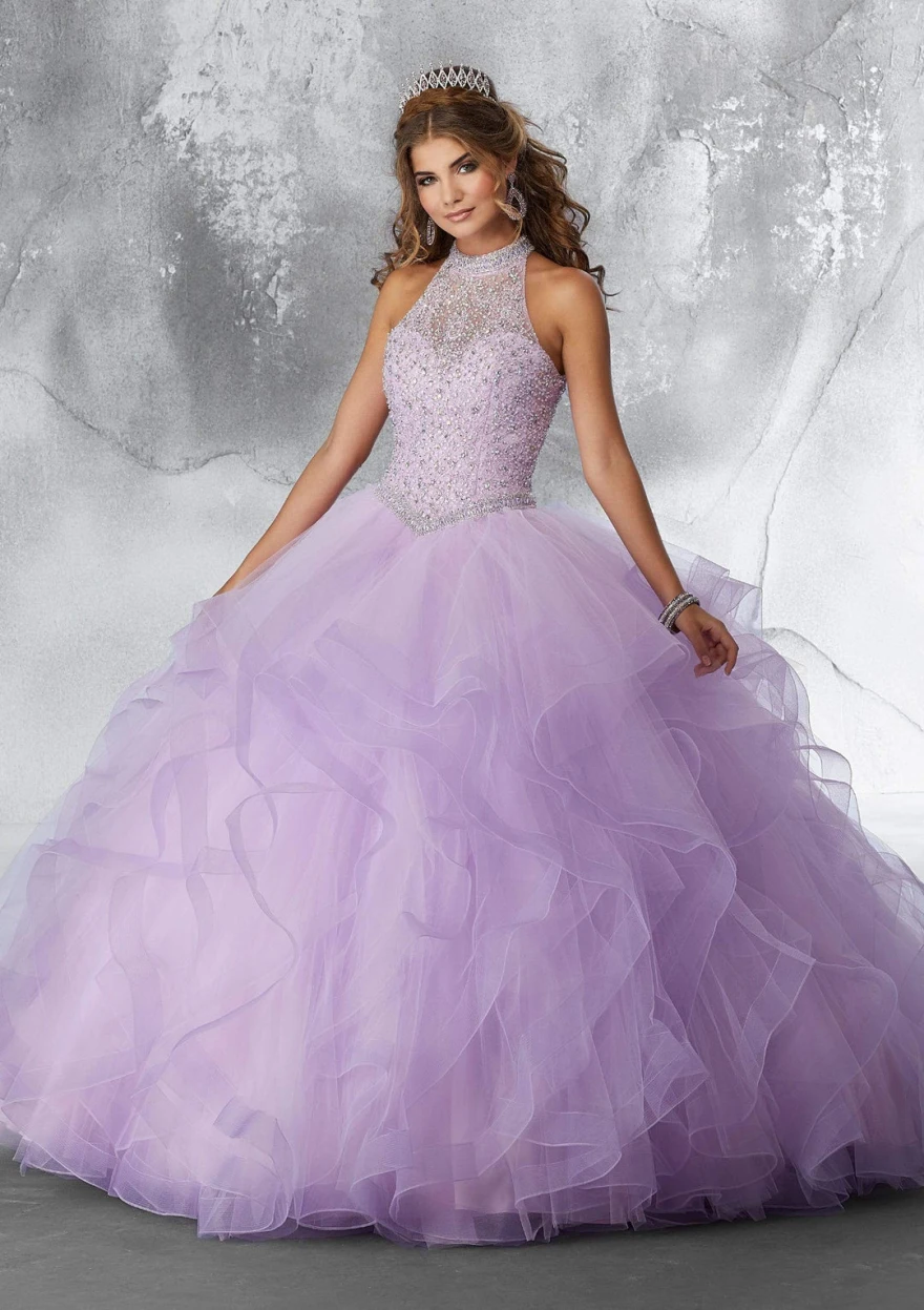 Lorencia abito Quinceanera viola collo alto 2024 Appliques abito da ballo perline Ruffles Vestidos De 15 asenos Sweet 16 Dress YQD112