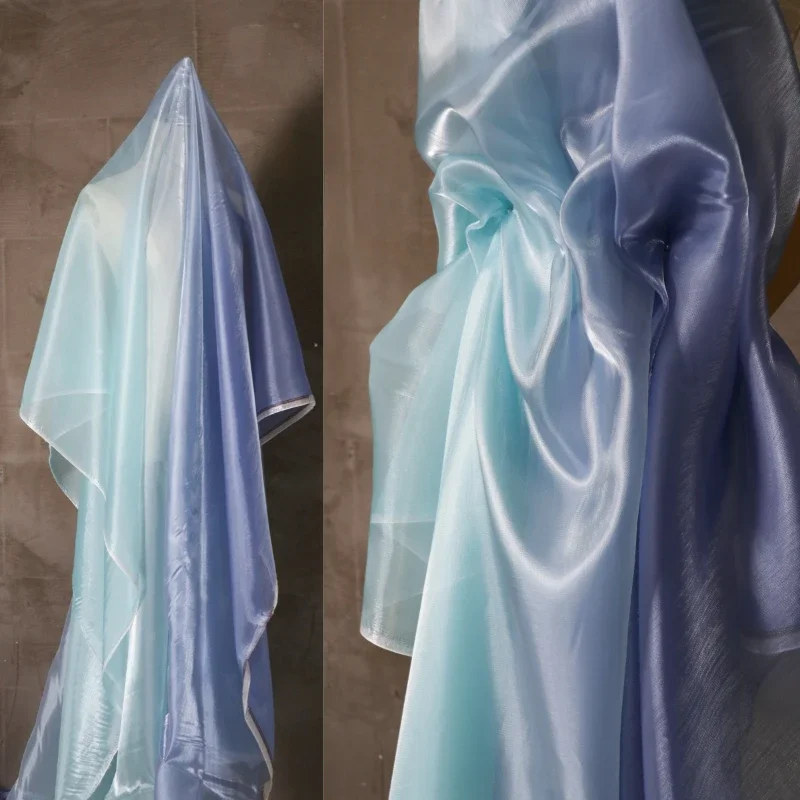 

Сине-зеленая ткань с принтом, двухцветная постепенная слегка атласная мягкая полупрозрачная антикварная ткань Hanfu для сценической одежды, ткань для юбки