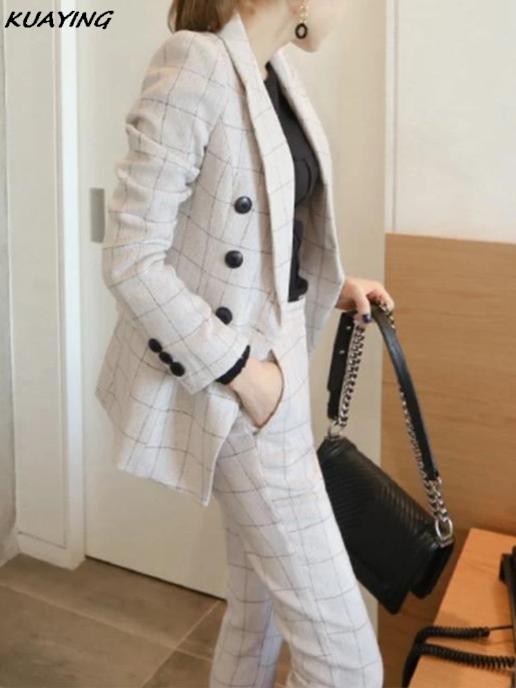 Fashion Women Elegant Plaid Blazer Pantsuit Casual Vintage Chic Suit Jackets Pencil Pants 2 Pieces Set Autumn Female Outfits New