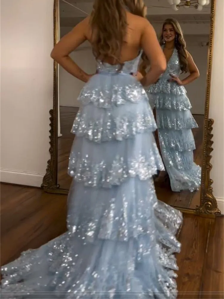 Vestido de graduación azul con cuello Halter para bebé, apliques de lentejuelas de Arabia Saudita, escalonado, sin mangas, espalda abierta, Formal, noche, boda, fiesta