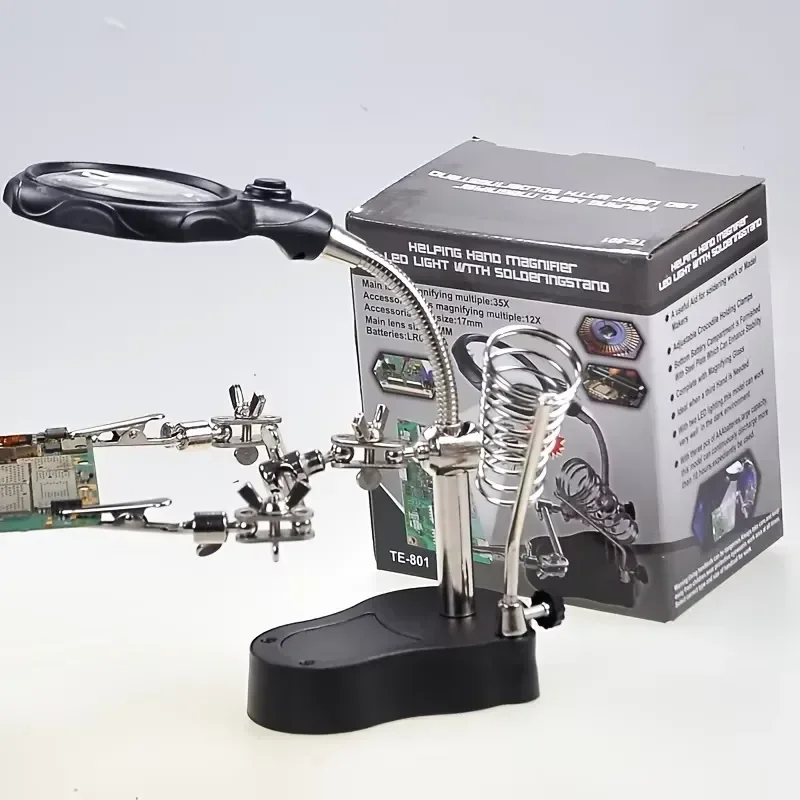 Soldering Iron Station Stand With Welding Magnifying Glass Clip, Clamp Third Hand Helping Desktop Magnifier Soldering Repair