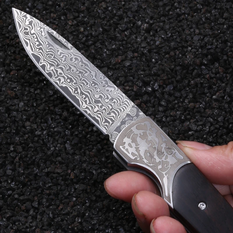 Damascus steel folding knife, sharp and durable outdoor portable knife, wooden handle, with portable knife cover, men's gift