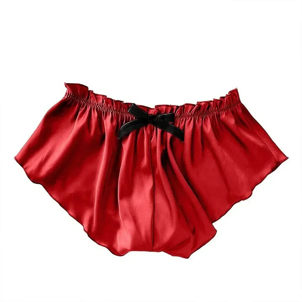 Vendita calda moda donna raso di seta solido lingerie pigiama fondo intimo mutande pantaloncini breve tinta unita fiocco mutande