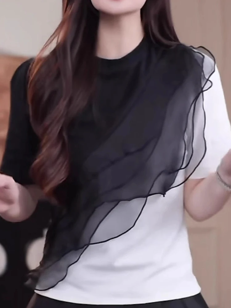 

Женский топ с круглым вырезом и кружевными вставками на плечах, роскошный, матовый, с цветовыми блоками