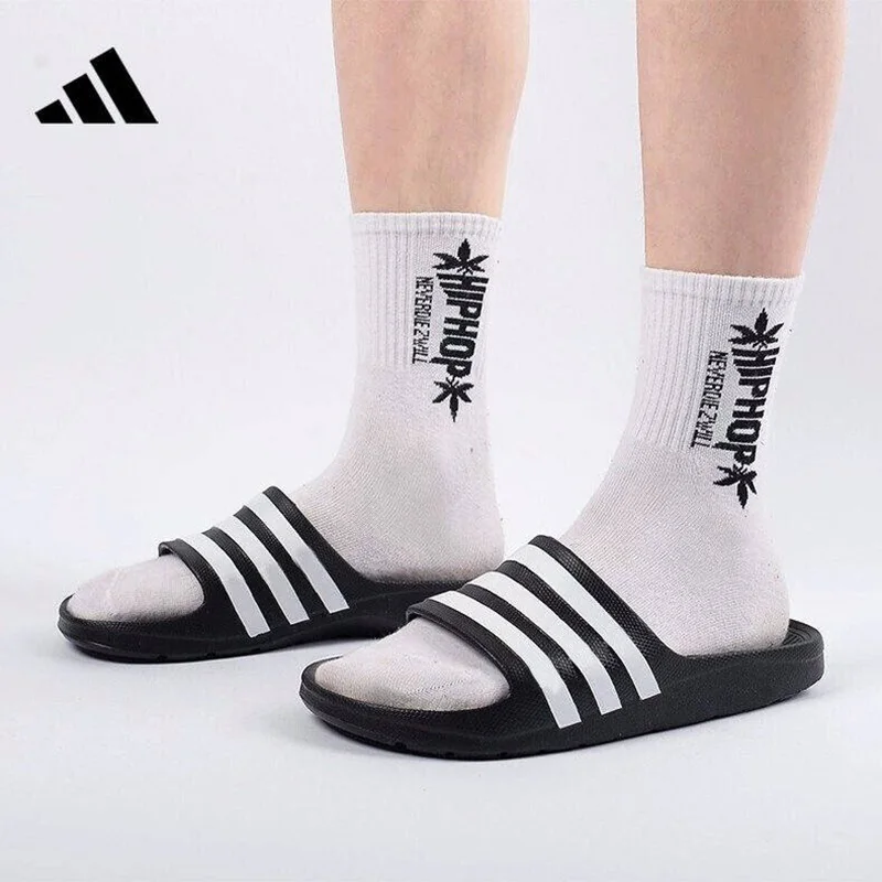 2026 New Adidas Slides Black White Classic Striped Shower Beach Sandals F35543