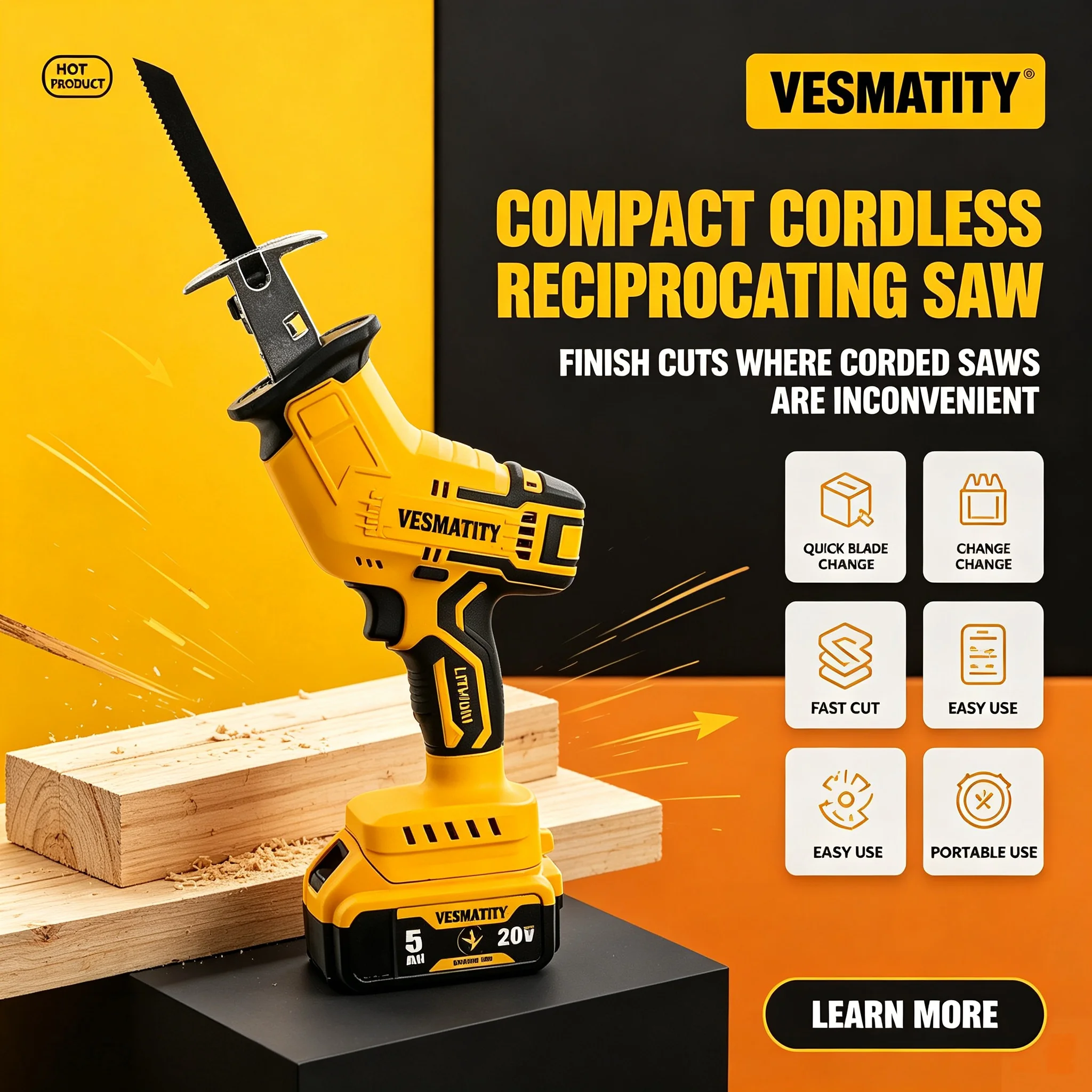 Vesmatity 20V Brushless Reciprocating Saw Multifunctional Electric Sabre Saw with Powerful Motor for Metal, Wood & Pipe Cutting
