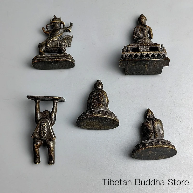 Antique-style aged brass small pocket Buddha ornaments: Mule, Heavenly King, Guanyin Bodhisattva, Mahavairocana Buddha, pocket B