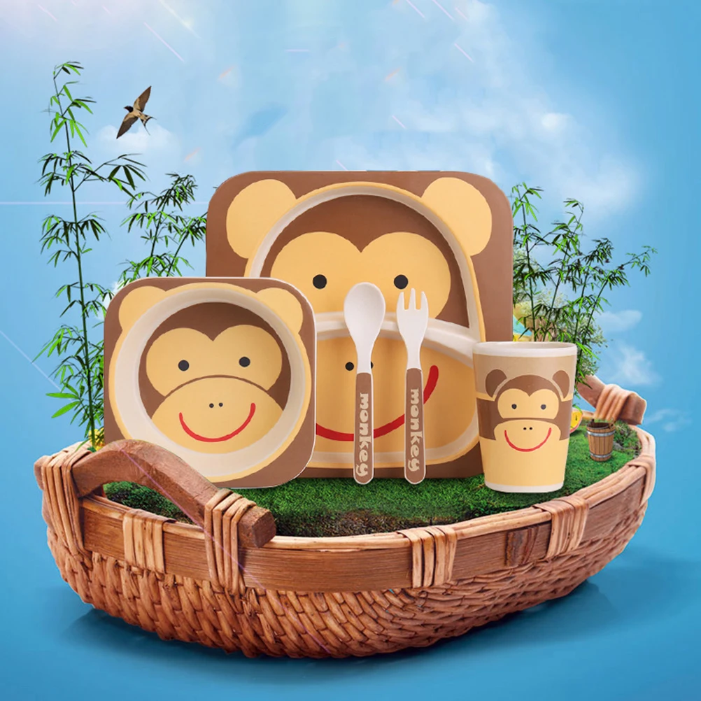 

Kids Tableware Monkey Pattern Brown Dinnerware Tableware For Children Kit Portable Lightweight for Children Picnic Use