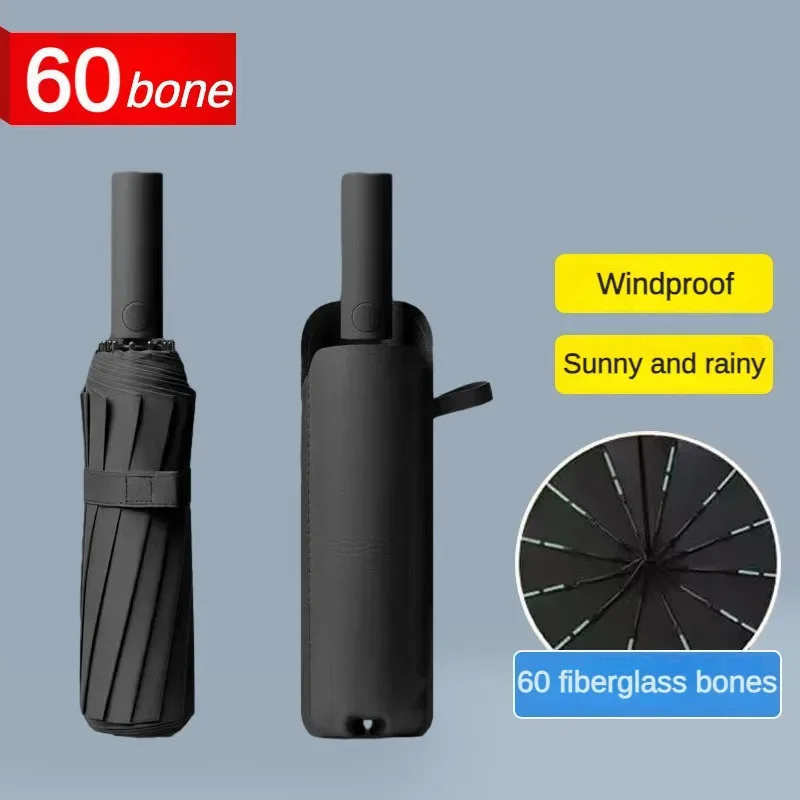 

60 Bone Business Automatic Fold Umbrella, Windproof Strong, Large Vinyl Sunscreen Sun UV Folding Rain Umbrella for Men and Women