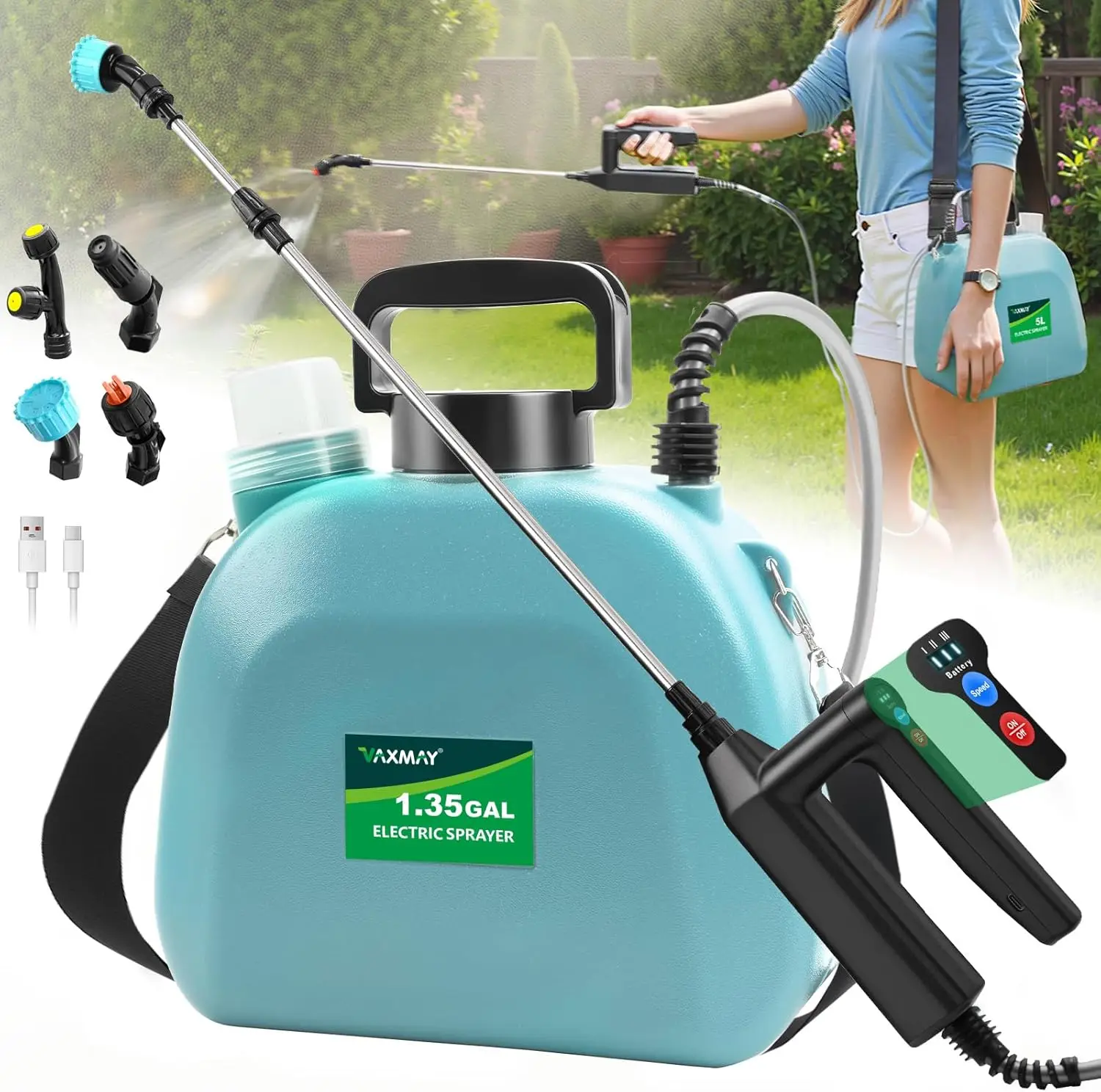

Electric Garden Sprayer, 1.35 Gallon Battery Powered with Adjustable Speeds and Nozzles, Rechargeable Handle for Lawn Care