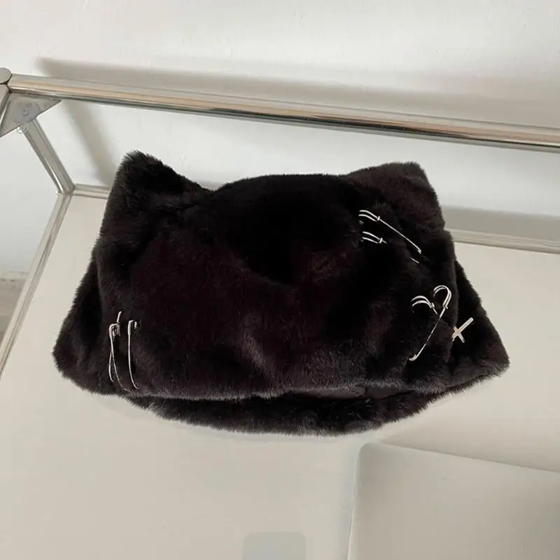 A0KD Furry Cats Ear Plush Hat for Women Harajuku Clip Decors Hat Lovely Thick Plush Hat 2000s Winter Warm Pullover Hat