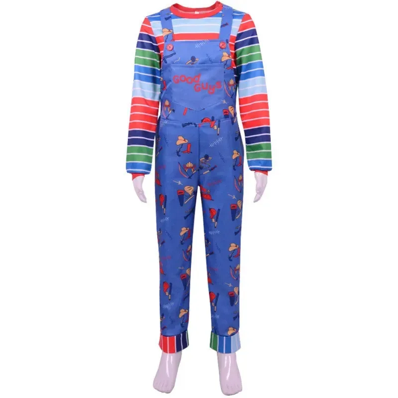 

25COSChucky Women Halloween Costume Blue Cartoon Jumpsuit Overalls and Striped Shirt Play Horror Cosplay Costume