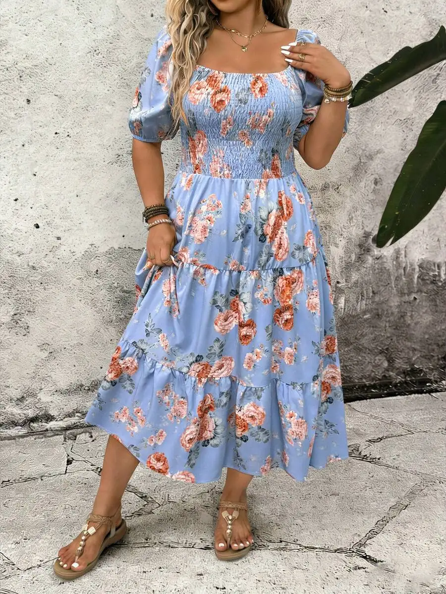 

Square Neck Floral Print Tiered Midi Dress For Women Summer Casual Resort
