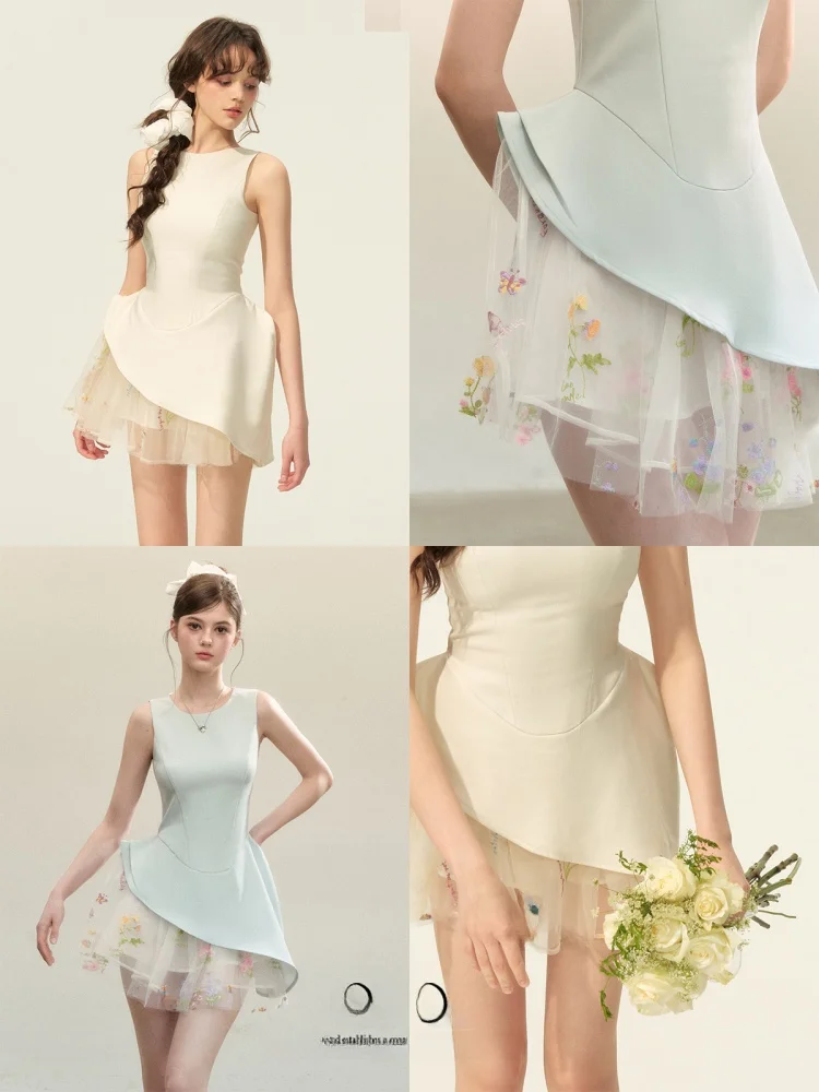 White Elegant Ballet Style Puffy Skirt High Waist Slim Fit Asymmetrical Hem Sleeveless Vest Dress Inner Wear Summer Women's D...