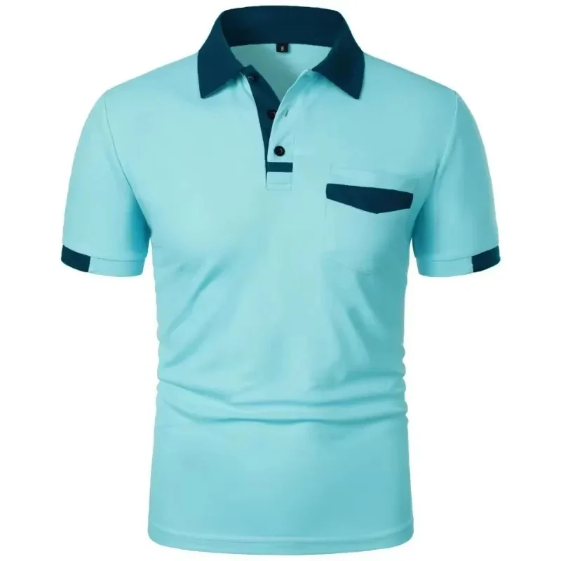 Mens New Summer Short Sleeve Color Block Polo Shirt with Pocket Summer Casual Sporty Ideal for Daily Outdoor and Streetwear Tops