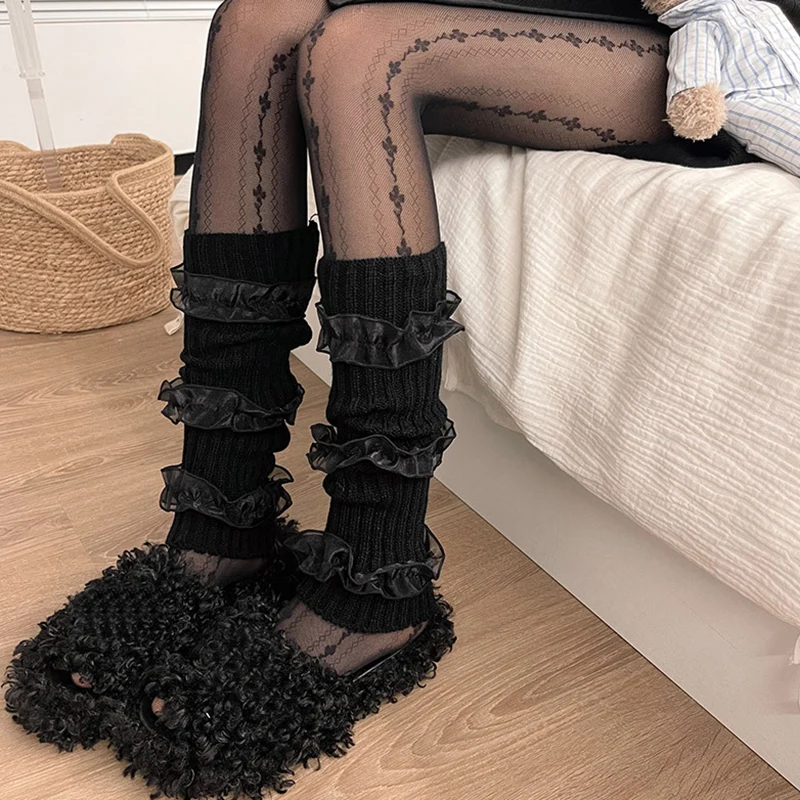 Women Knit Leg Warmer Solid/Contrast Color Patchwork Calf Cover Boot Socks Lolita JK Pile Up Socks Harajuku Streetwear Y2k