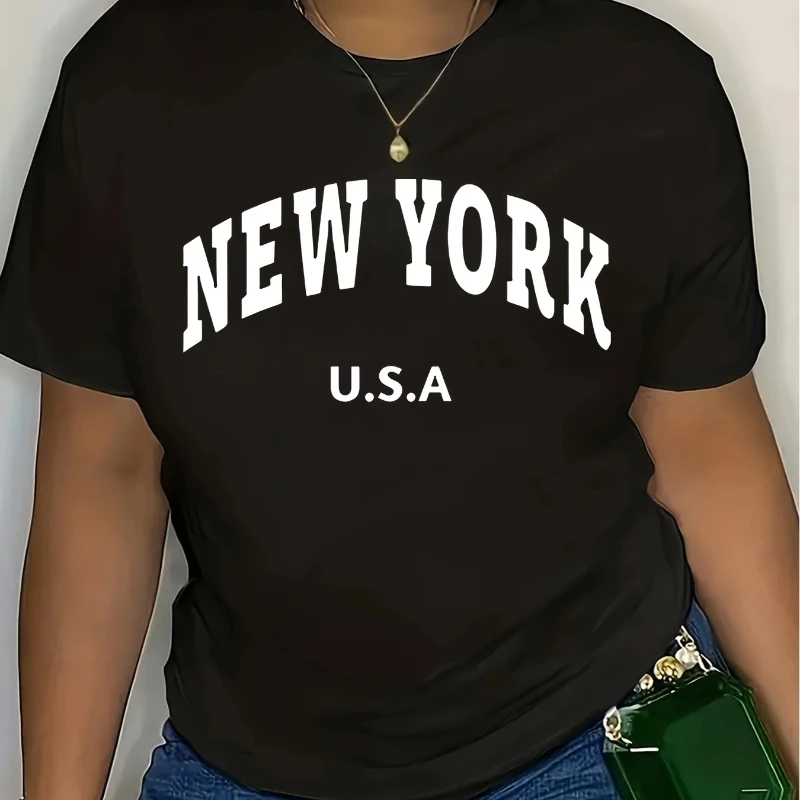 

2025 Summer Fashion New York Print Design T-shirt Classic Plus Size Women's Sports Casual Soft Loose Short Sleeve Jogging Top