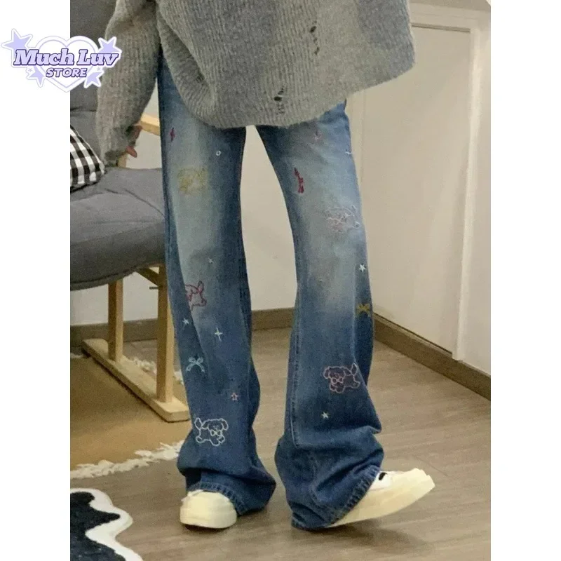 

Super Cute! Colored Puppy Embroidered Retro Loose Leg Jeans Summer Fashion Trend Casual and Comfortable Pure Cotton Couple Pants