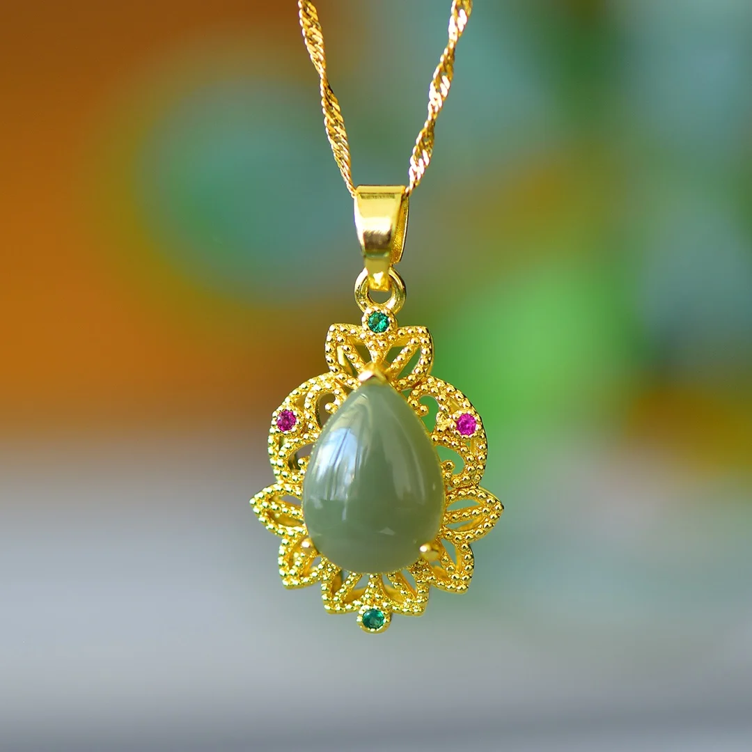 Koper Ingelegd Met Natuurlijke Hetian Jade Druipende Rijkdom Hanger Vrouwen Water Druppelen Sieraden Geschenken