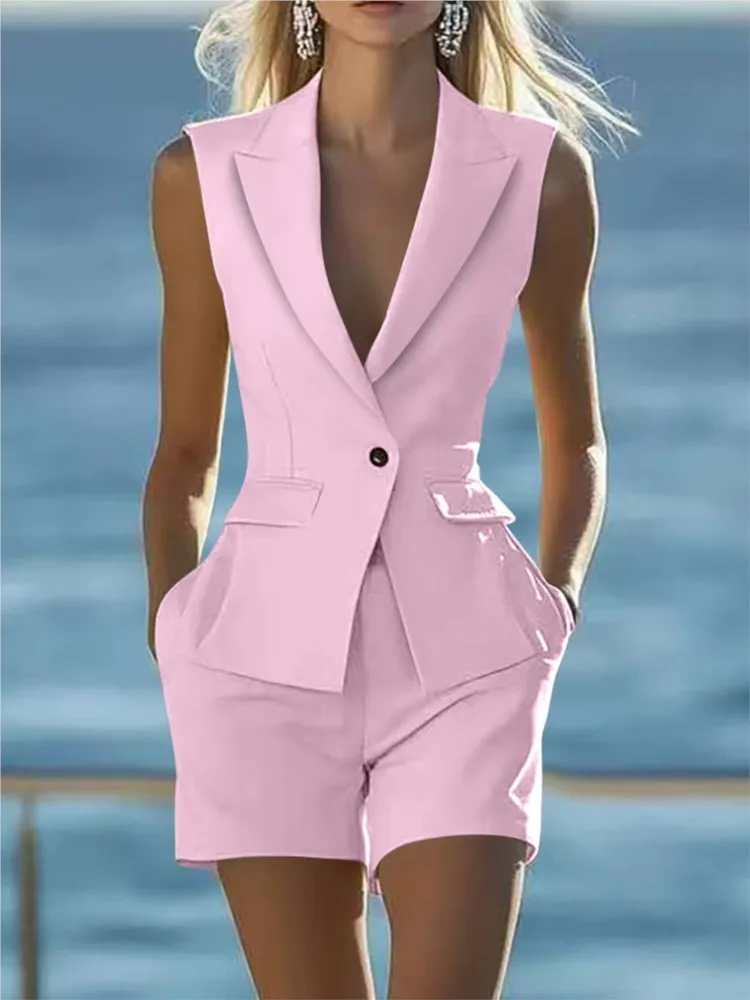 

Elegant Women Solid Sleeveless Suit Vest Two Piece Sets Summer Casual Lapel Button Top + Shorts Party Lady Slim Suit Outfits