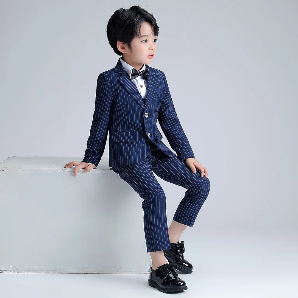 School Boys Pinstripe 3-Piece Suit Set Blazer Vest Pants with Bow Tie Teen Kids Formal Wedding Piano Performance Outfit 4-14Y