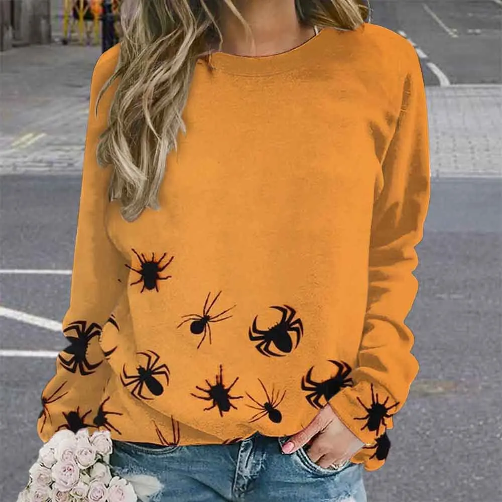 Halloween damskie bluzy z nadrukiem topy jesienno-zimowa bluza z długim rękawem bluza z wycięciem pod szyją dynia nietoperz pajęczyna