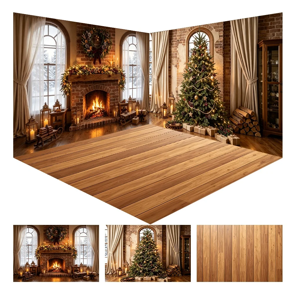 Christmas Brick Fireplace Corner Photo Backdrop Cozy Xmas Tree Scene for Holiday Family Portrait Studio Shooting Decor Props