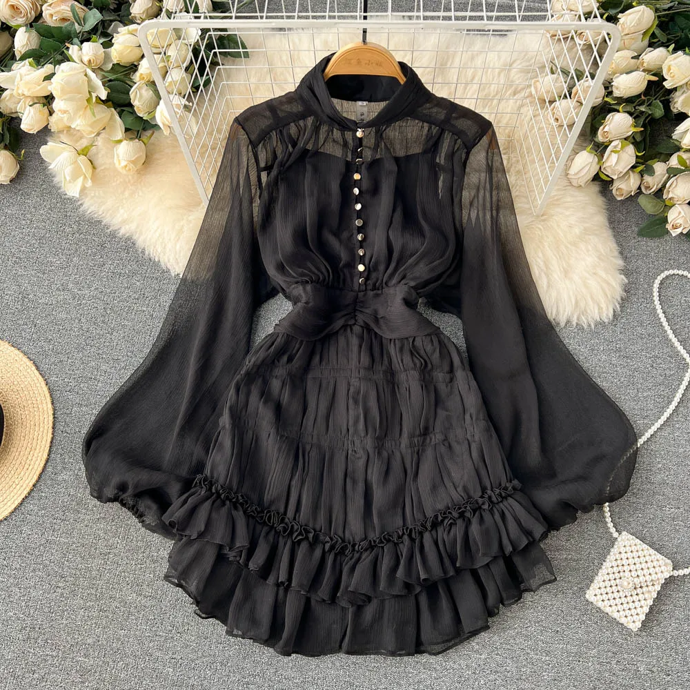 

French Style Sweet Women Dresses Stand Collar Ruffles Chic Pleated Dress 2023 New Spring Summer Long Sleeved Female Mini Dress