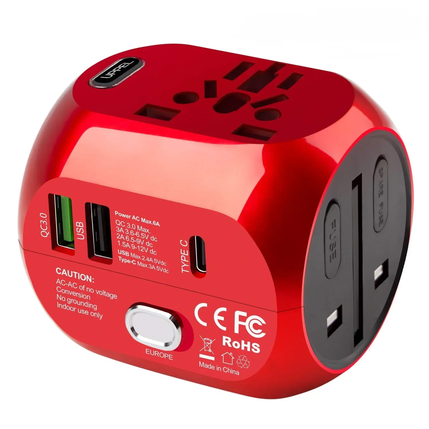 UPPEL Adaptor Travel Universal US/UK/AU/EU Konverter Beberapa Plug Cepat QC3.0 Tipe C Pengisi Daya USB 3 Port Adaptor Daya Eropa