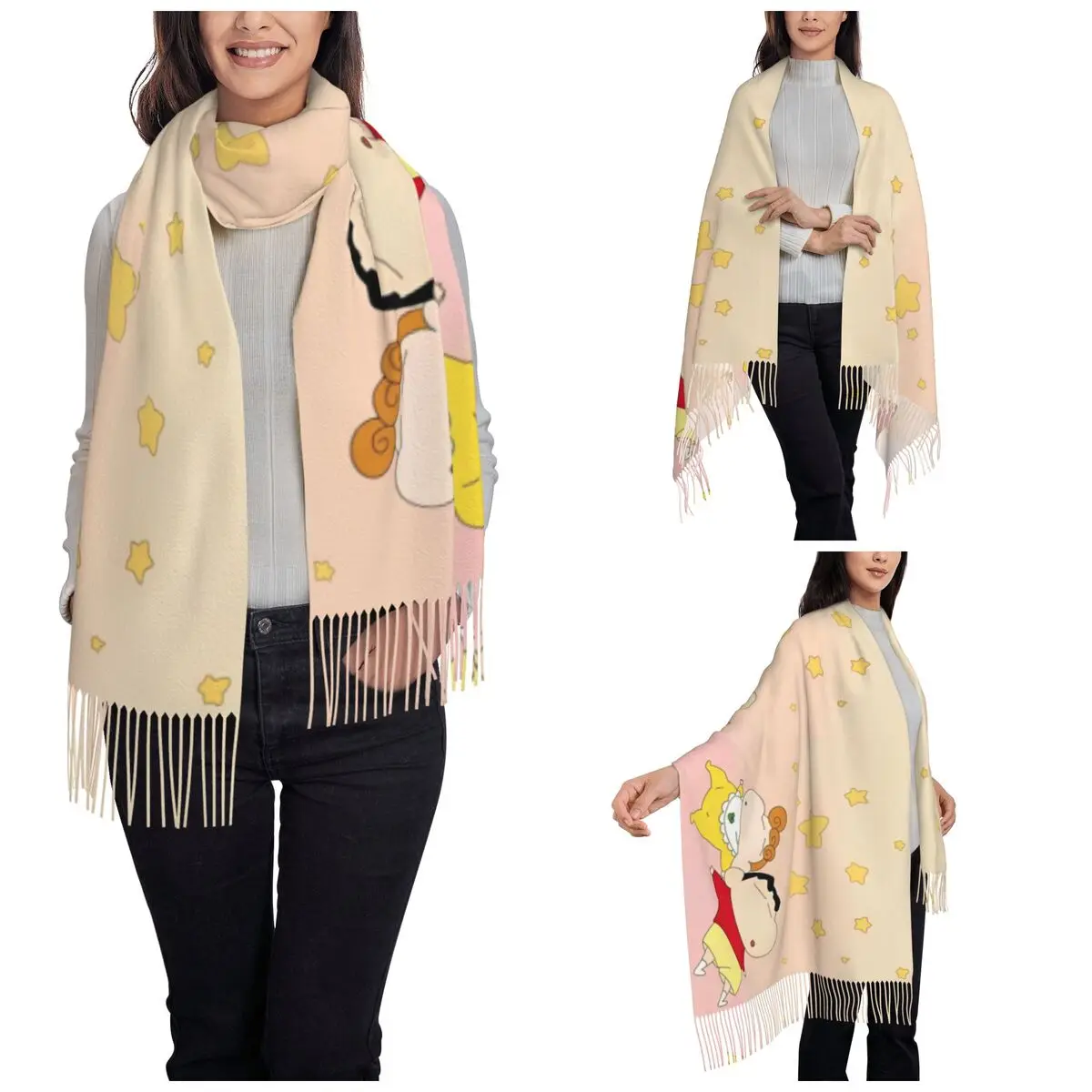 Crayon Shin-chan Himawari Scarf Women Warm Winter Pashmina Shawl Wrap Japanese Anime Long Large Scarves with Tassel Lightweight