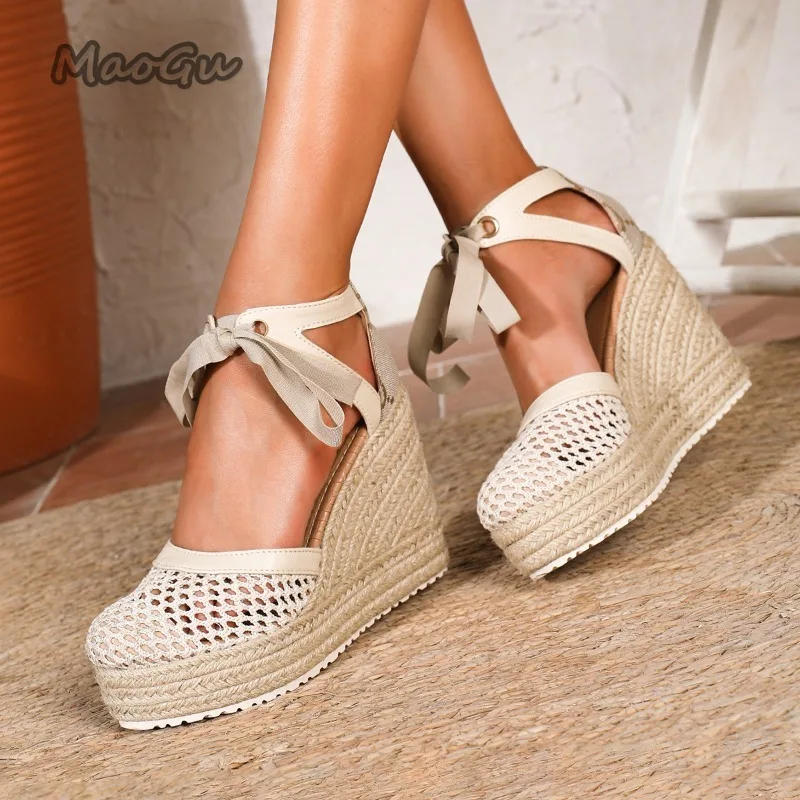 Damen Espadrille Plateau-Sandalen mit Netzstoff, Absatzabdeckung, Schnürung, Jute-Keilabsatz, Boho-Sommerschuhe für Frauen, Sandalias De Mujer