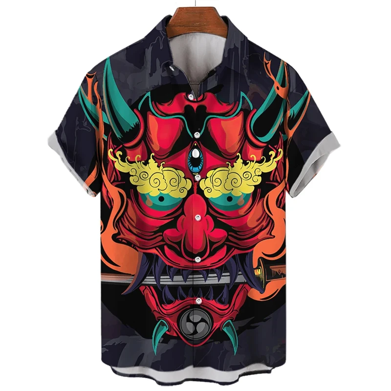 

Vintage Samurai Horror Print Men's Shirt Japanese Style Casual Hawaiian Top Oversized Camisa Masculina for Ladies Blouses