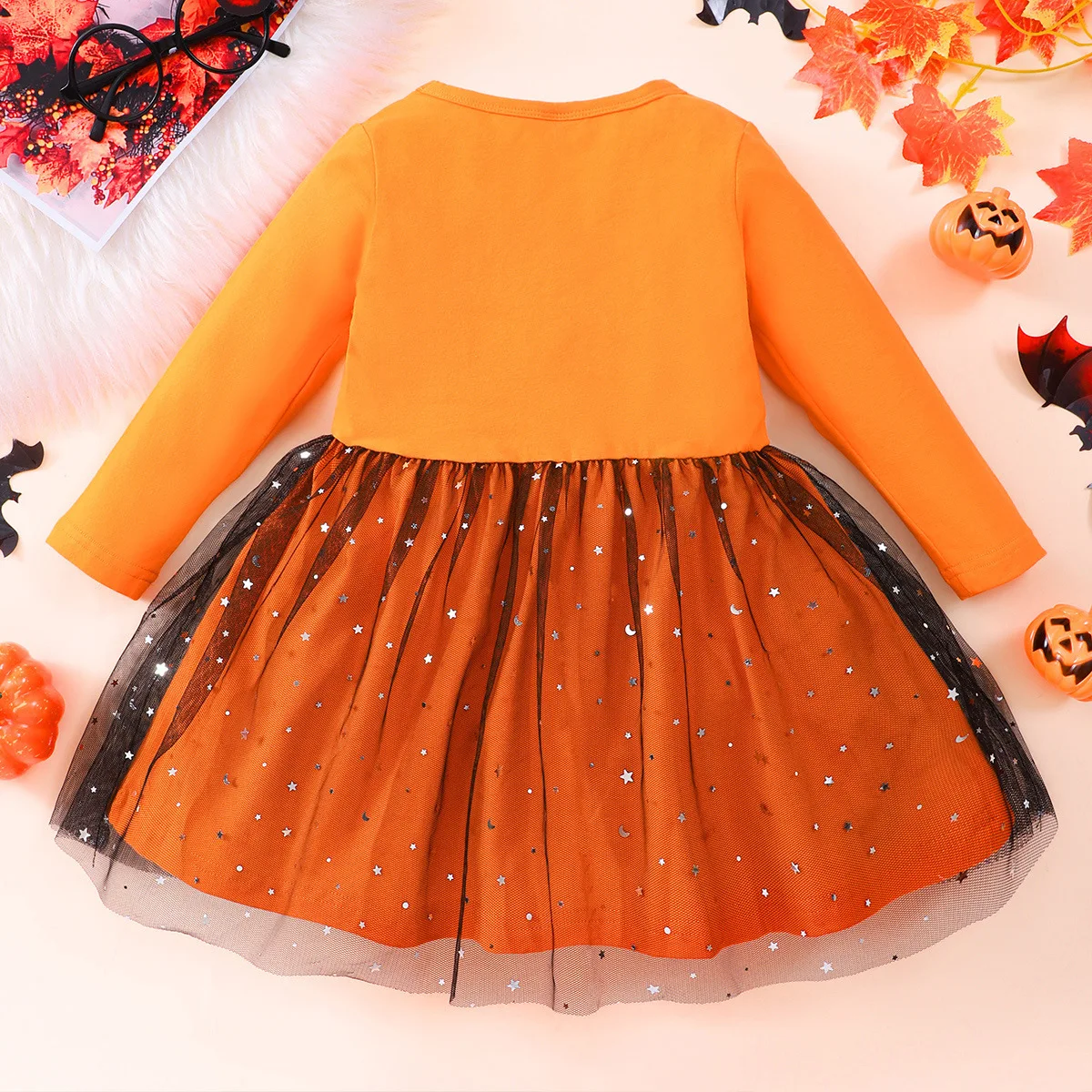 Halloween Costumes Kids Pumpkin Dress Fashion Bat Print Casual Dress Baby Girl Clothes Mesh Princess Dress Kids Birthday Dress