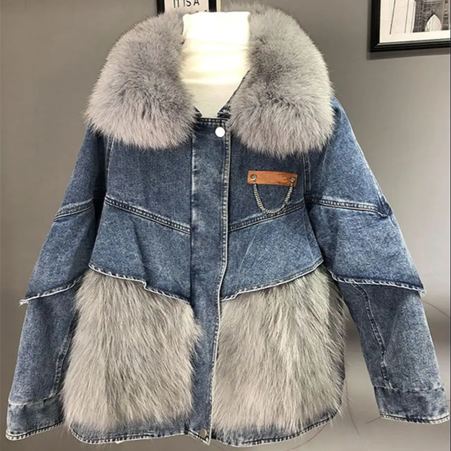 Fox Fur Denim Jacket for Women 2023 Winter New Mid length Fur Parka female real fur coat outerwear Y4330