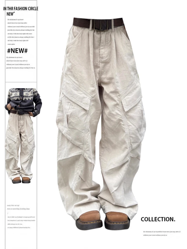 

Retro American Corduroy Pleated White Work Pants Women's Loose Straight Leg Wide Leg Pants Spring Autumn New Style Casual Jeans
