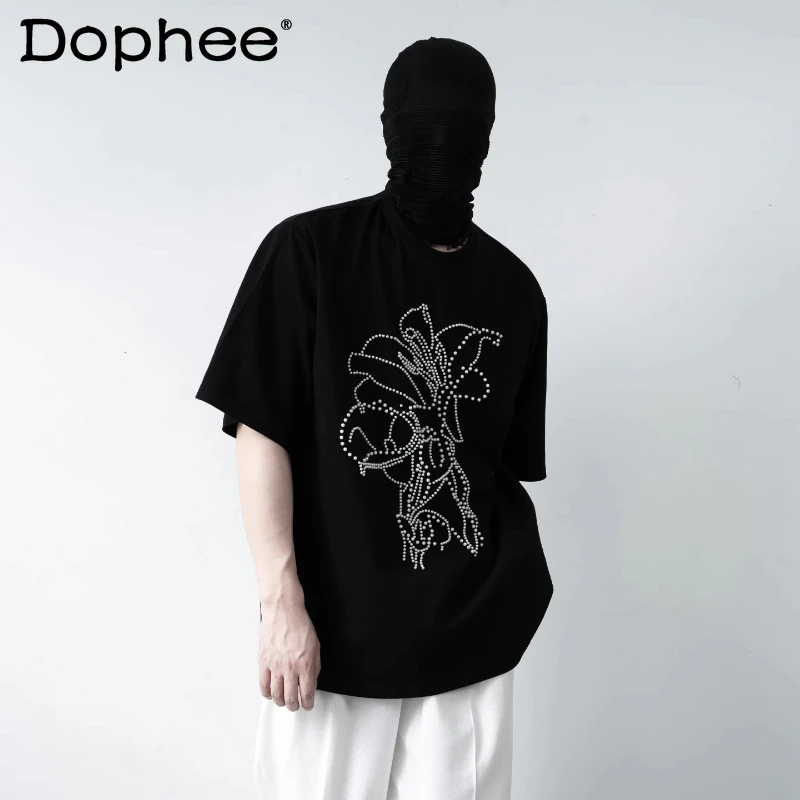 

Men's 2025 Original New Stylish Tees Male Fashion Pearl Beads Floral Art T-shirts Men's High-end Short-sleeve Handsome Chic Tops