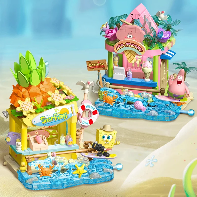 SpongeBob Series Building Blocks Patrick Star Dessert House Surf Shop Scene Model Bricks Set Desktop Deco Toys Gifts For Kids