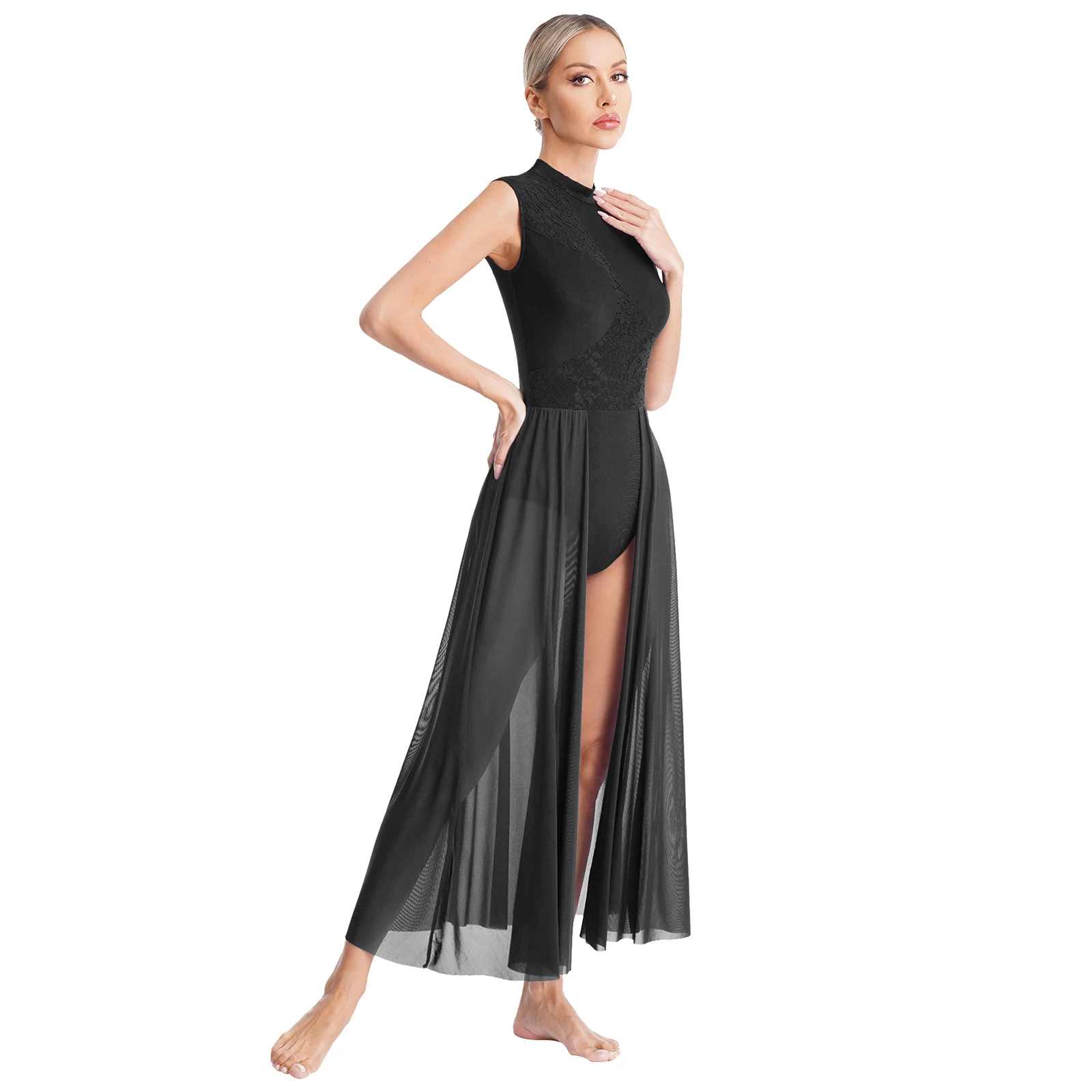 Women Ballet Lyrical Contemporary Dancewear Ballet Dance Leotard Costume Bodice Caged Back Ruched Ballerian Tutu Maxi Dress