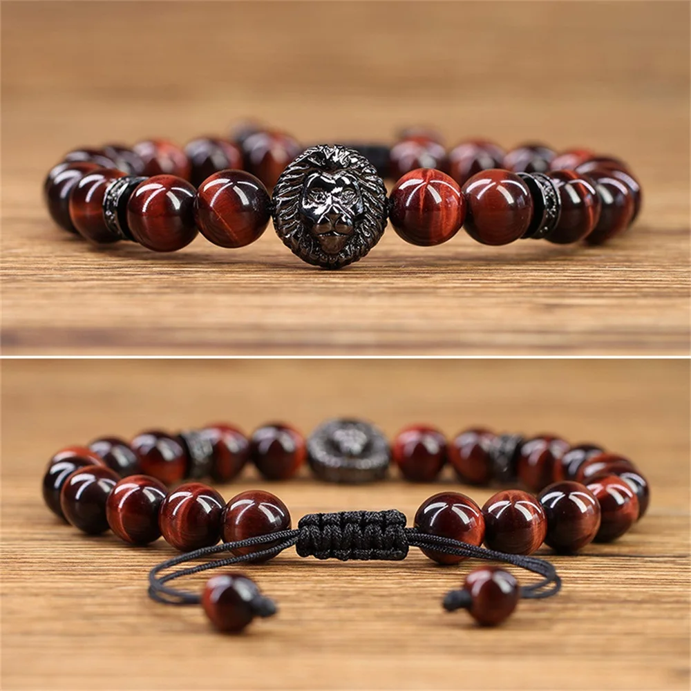 2024 New Natural Stone Bracelet Vintage Lion Head Bracelet Handmade 8MM Natural Tiger Eyes Beaded Bracelet Men\'s Jewelry Gift